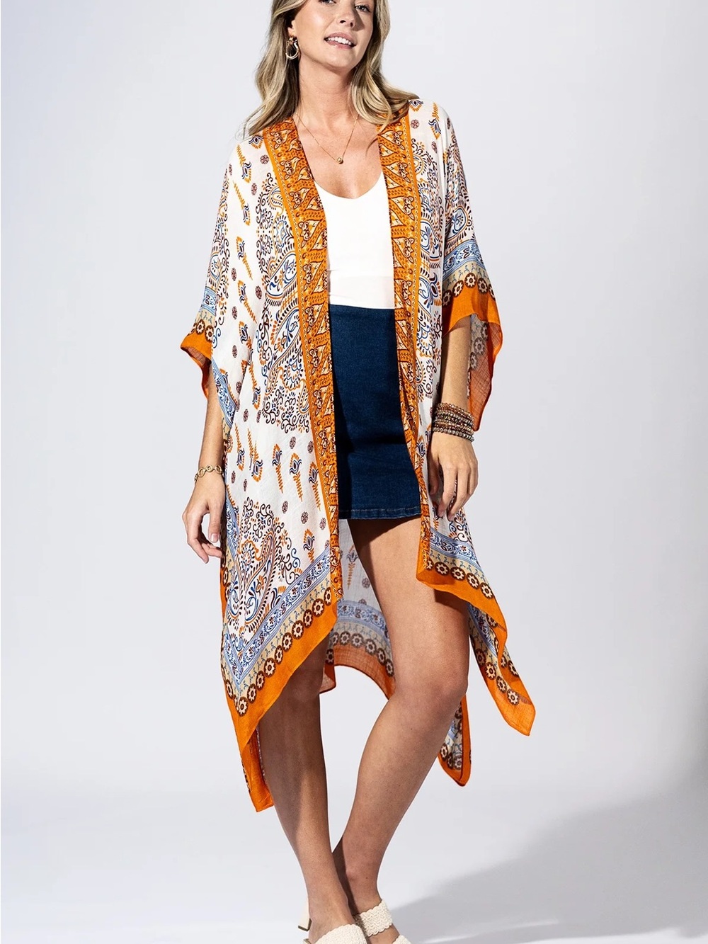 Paisley-Print Open-Front Kimono Jacket in Orange & White